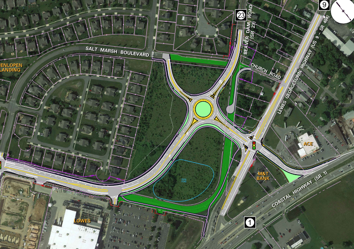 The roundabout will require a new section of Plantation Road to connect to Beaver Dam Road and Route 9. DELDOT GRAPHIC